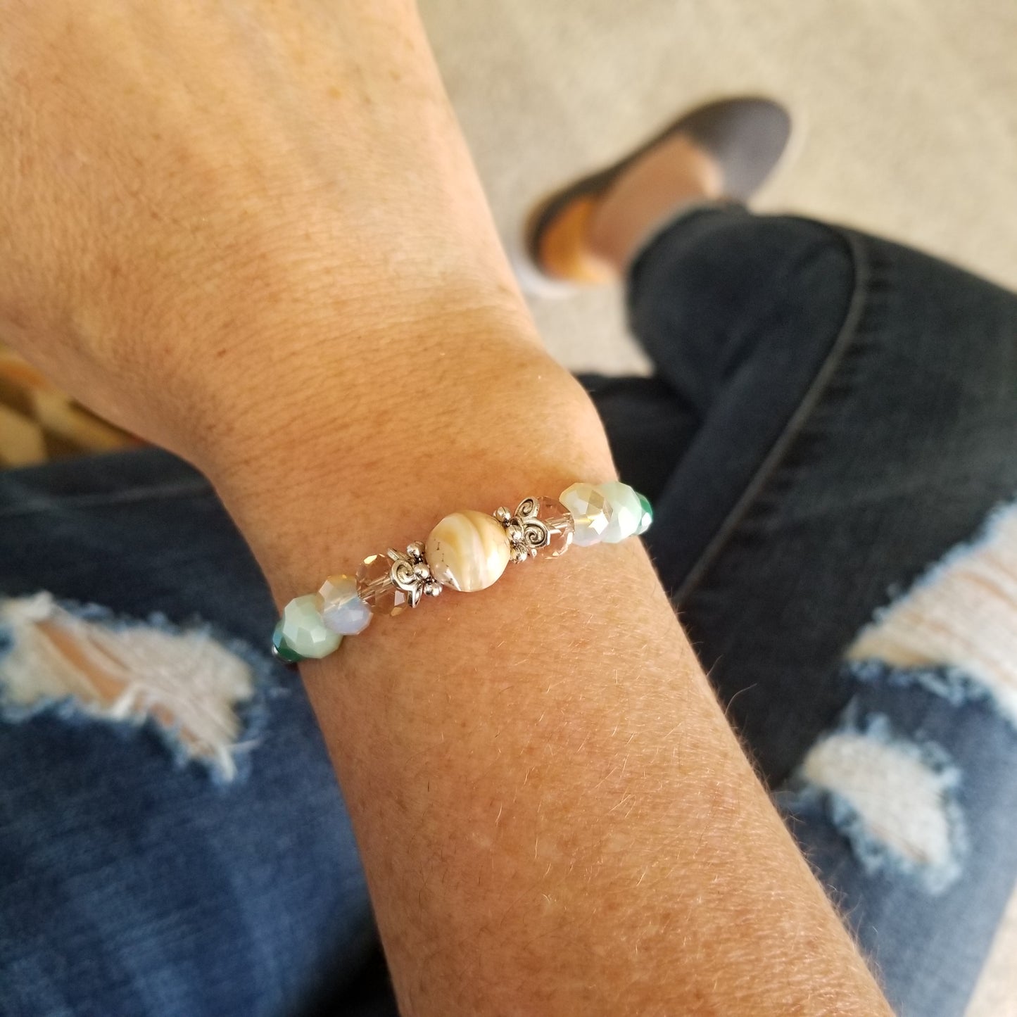 Wrap Bracelet - 10mm round natural shell bead with mix aqua and sandy colored beads