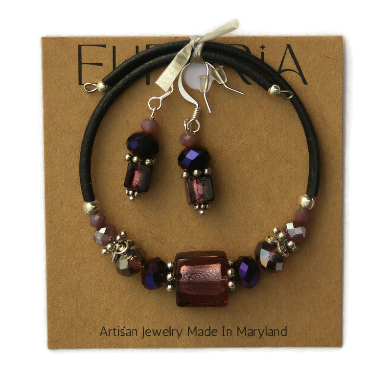 Wrap Bracelet and Earring Set - Amethyst colored glass beads