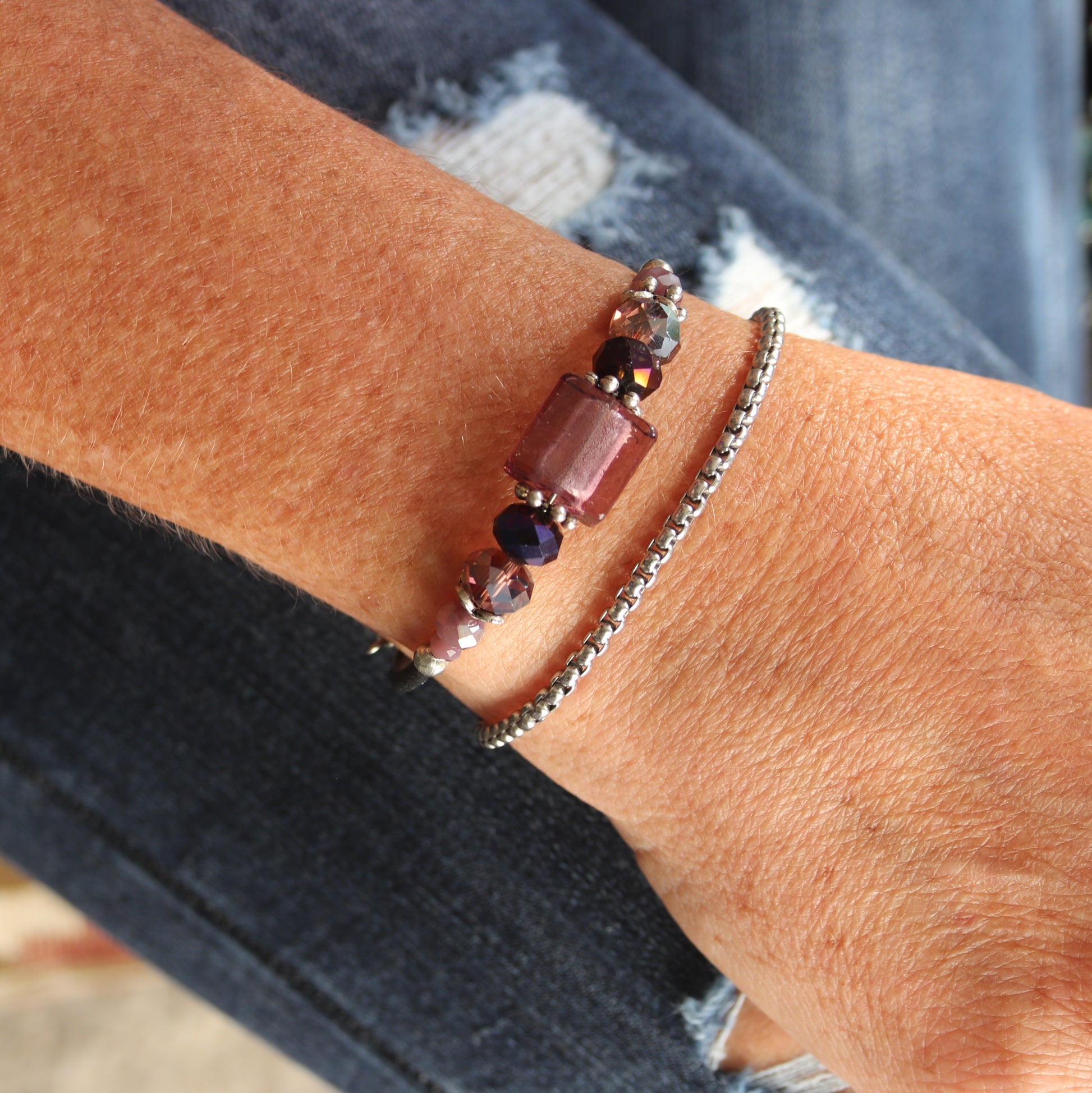 Wrap Bracelet - Amethyst colored glass beads