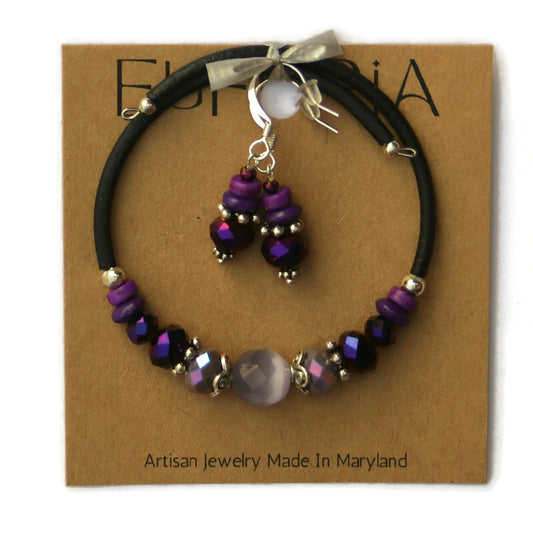 Wrap Bracelet & Earring Set - Purple Cat's Eye