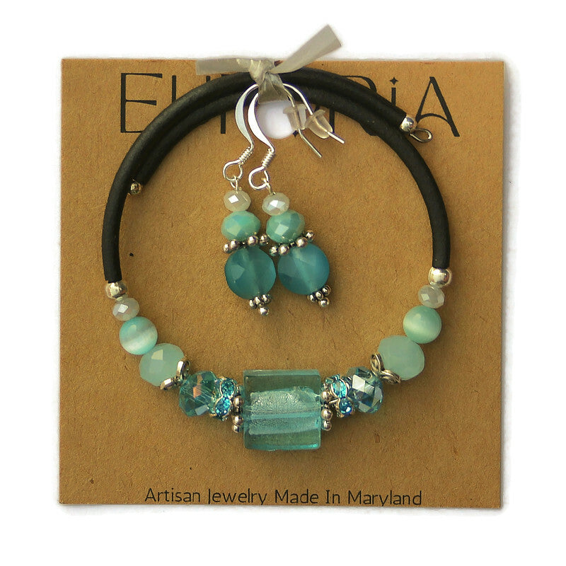 Wrap Bracelet and Earring Set - Aqua colored glass beads