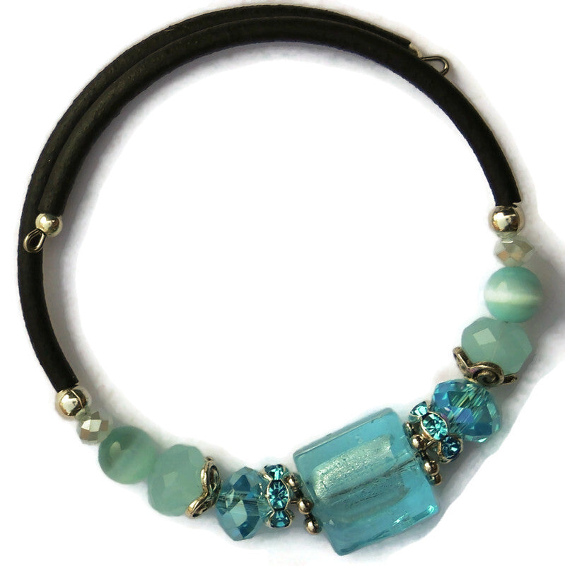 Wrap Bracelet - Aqua colored glass beads