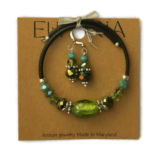 Wrap Bracelet and Earring Set - bright green glass over foil center bead with mix green iris and aqua glass beads