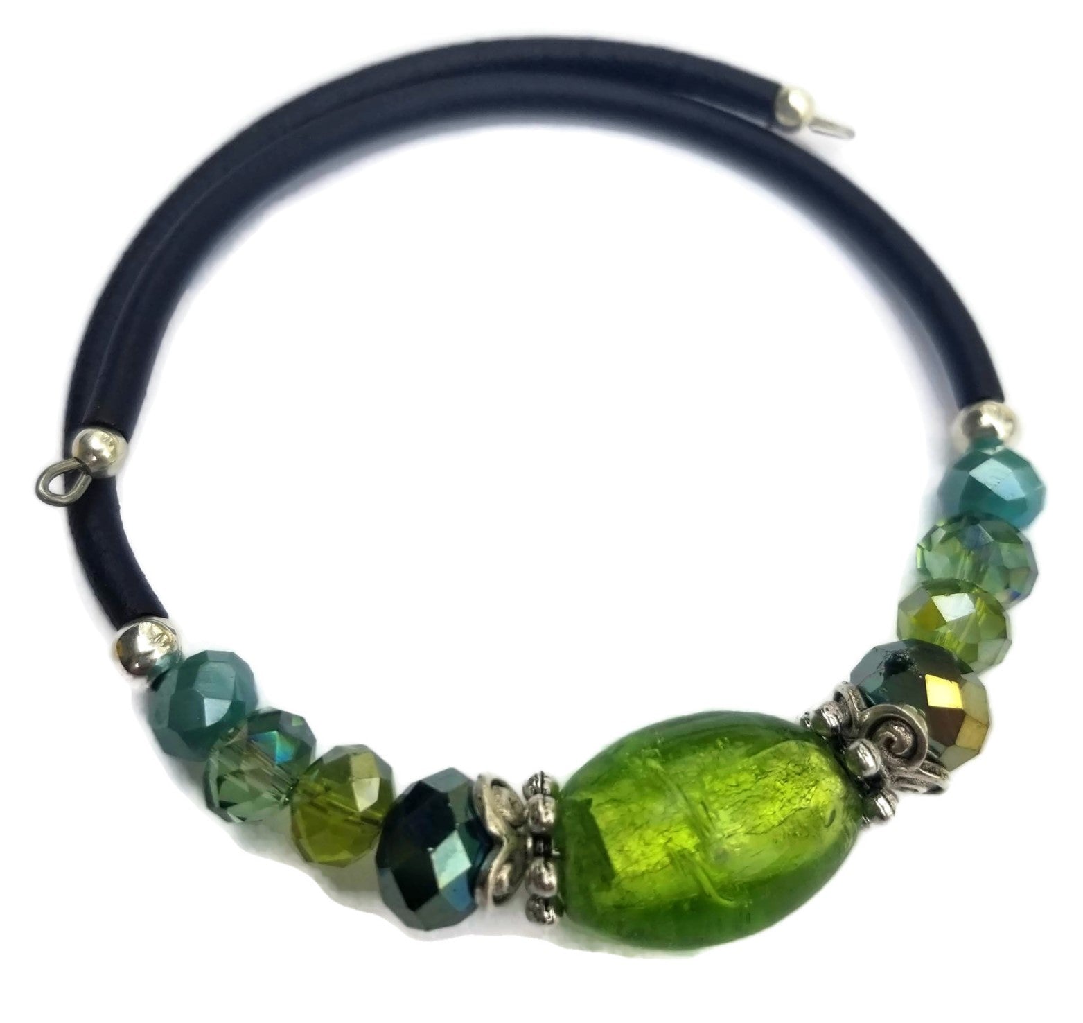 Wrap Bracelet - bright green glass over foil center bead with mix green iris and aqua glass beads