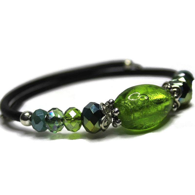 Wrap Bracelet - bright green glass over foil center bead with mix green iris and aqua glass beads