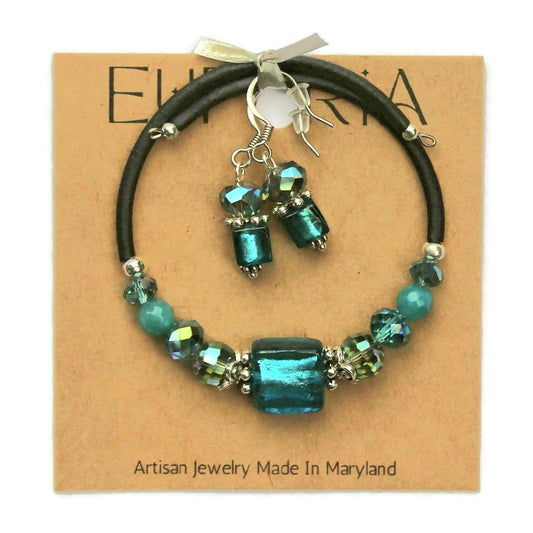 Wrap Bracelet & Earring Set - Teal Silver Foil Glass