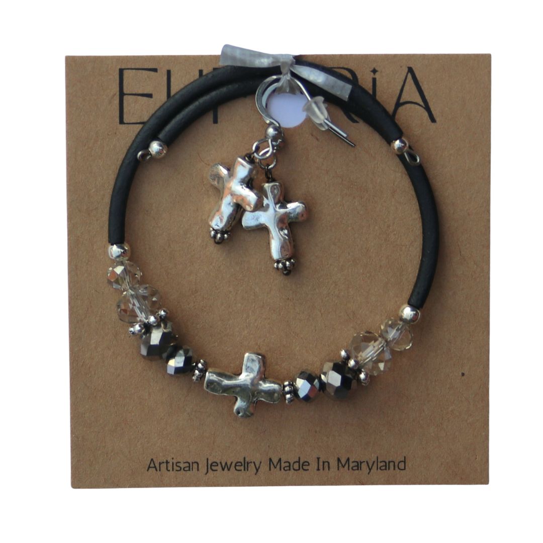 Wrap Bracelet & Earring Set - Silver Cross