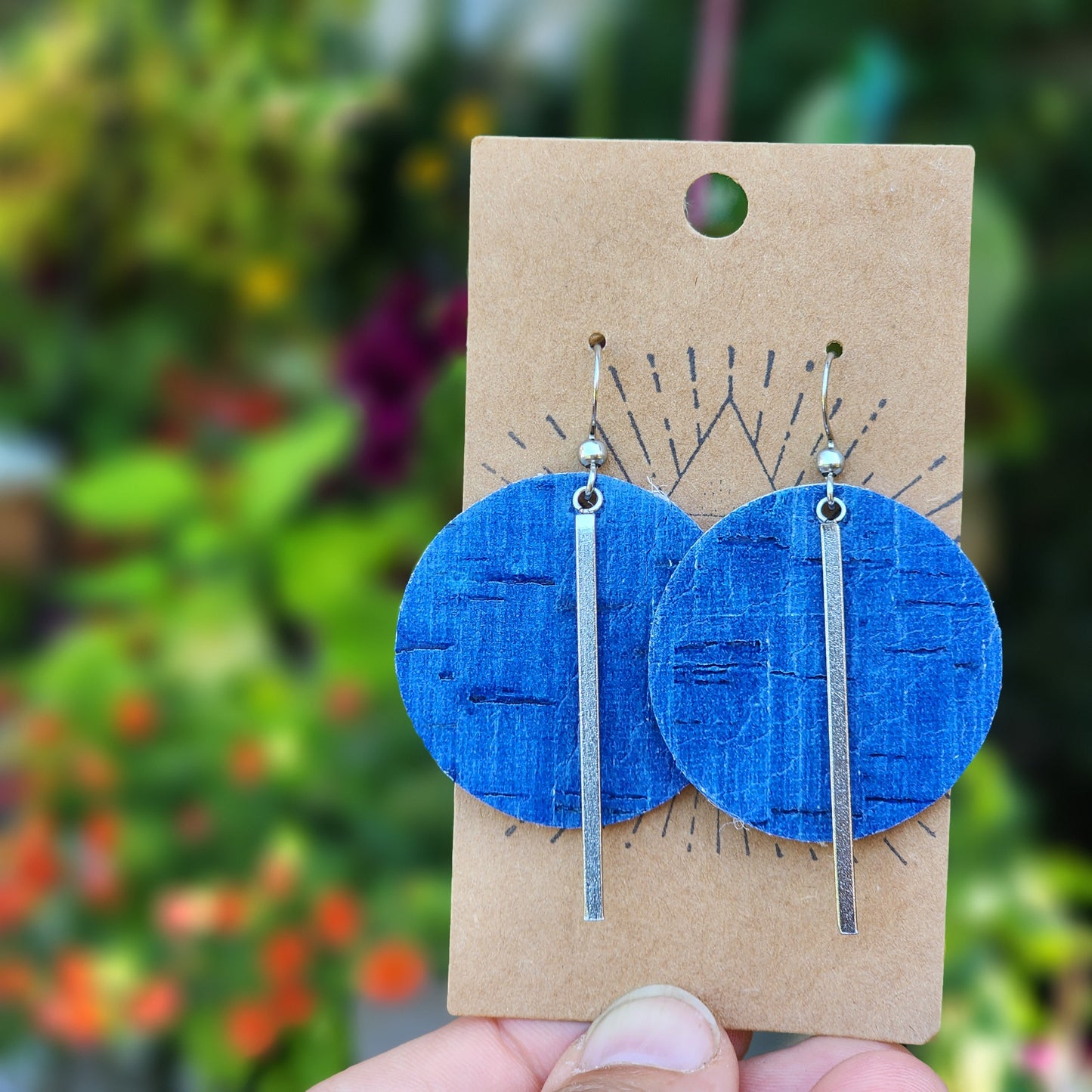 Large Circle Cork & Leather Earrings - Denim Blue