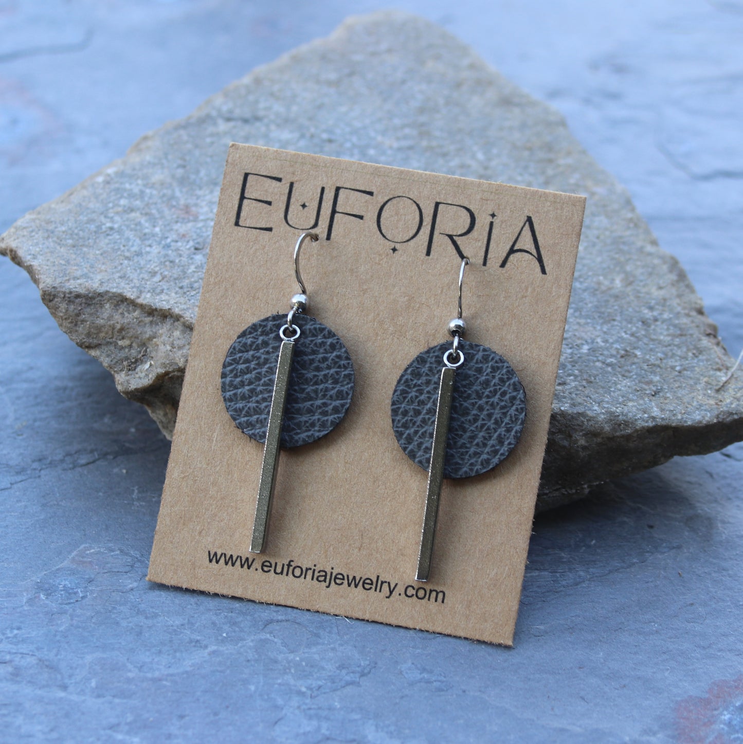 Dark gray leather .75" circles and stainless bar dangle earrings