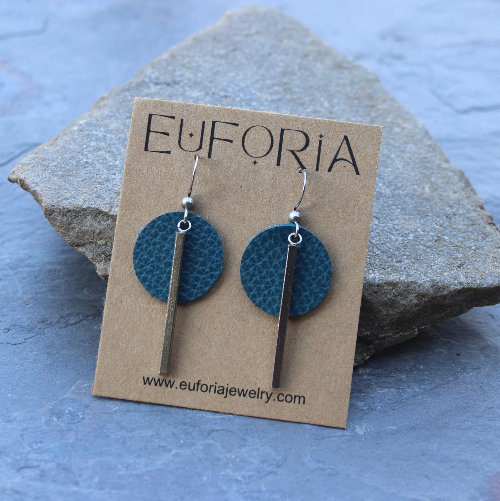 Marine blue color leather .75" circles with stainless bar charm dangle earrings