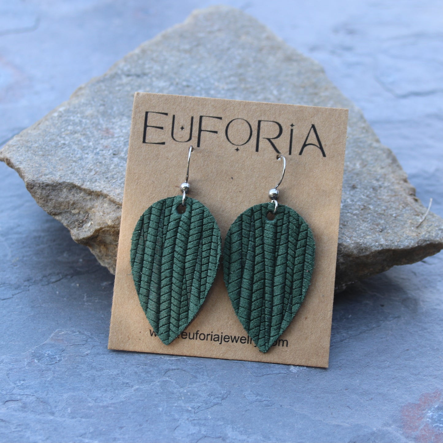 Pine green leather small teardrop earring