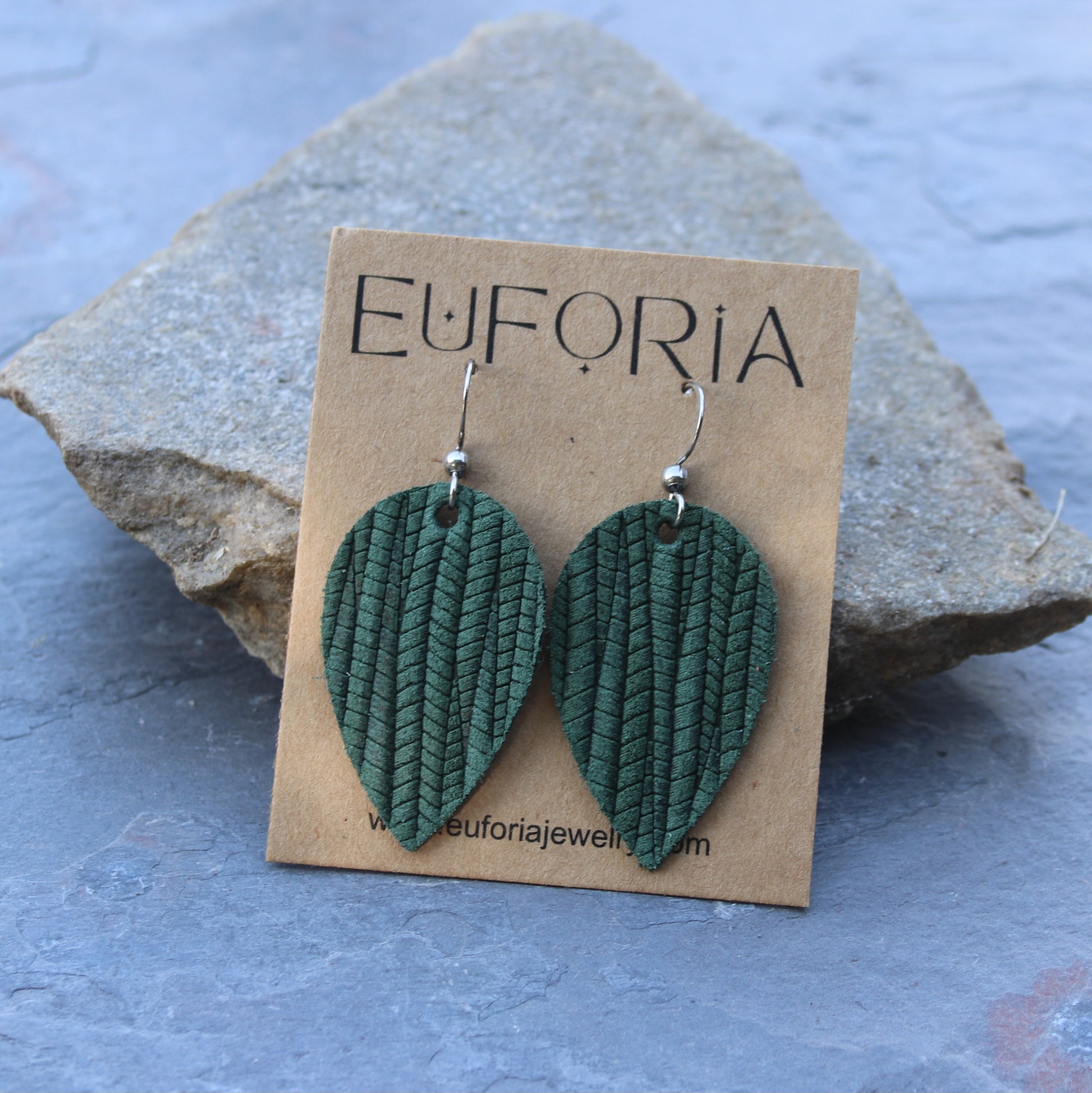 Pine green leather small teardrop earring