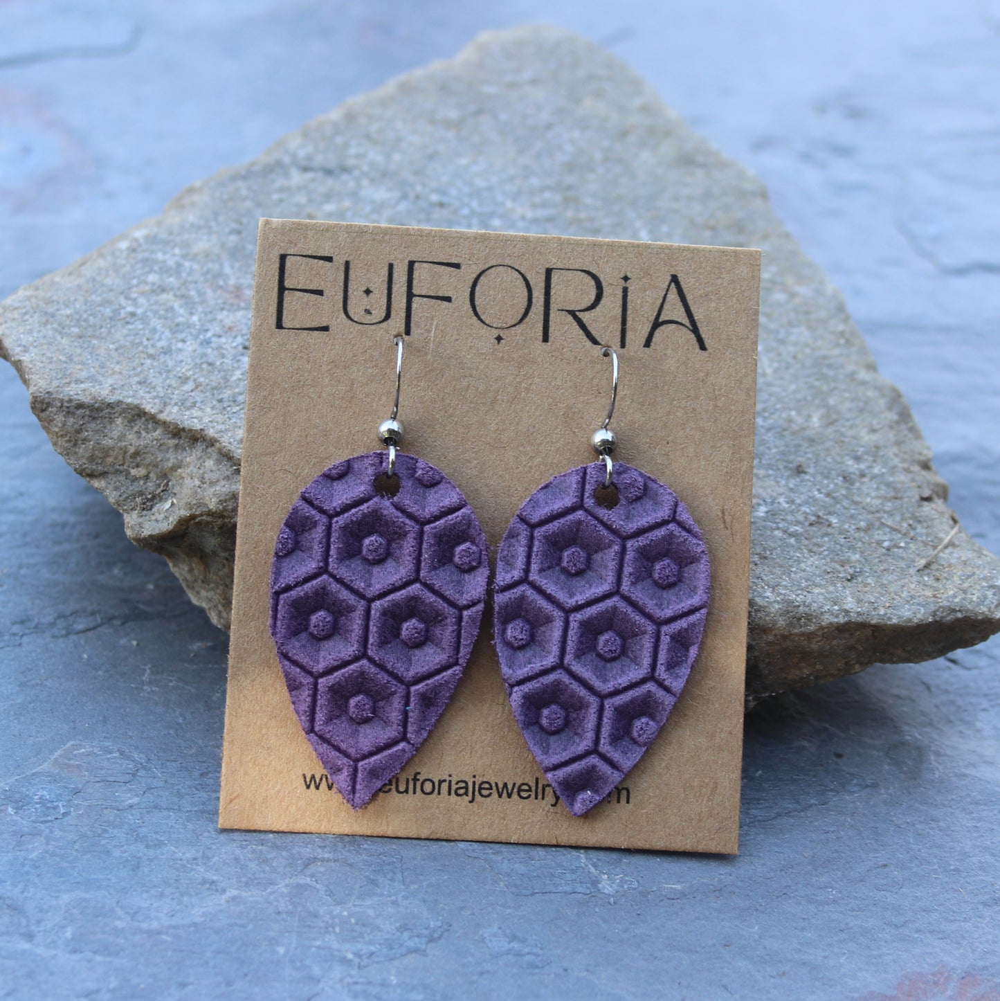 Grape purple beehive print leather teardrop earrings