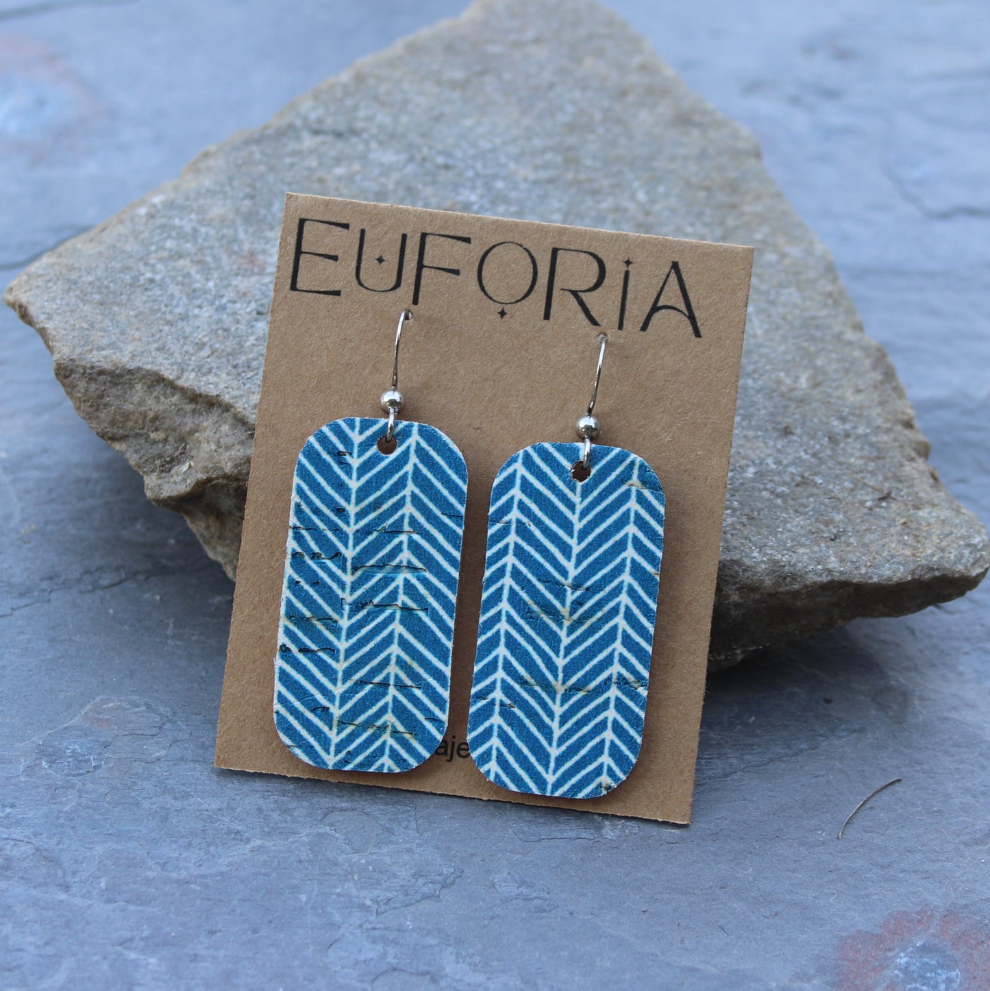 Cork over leather small barrel earrings, blue and white chevron pattern