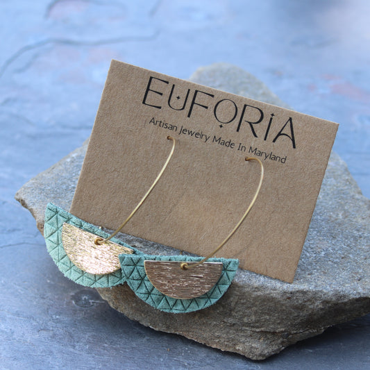 Layered dangle hoops - seafoam leather half circles and smaller brushed brass half circles on larger brass hoop earrings