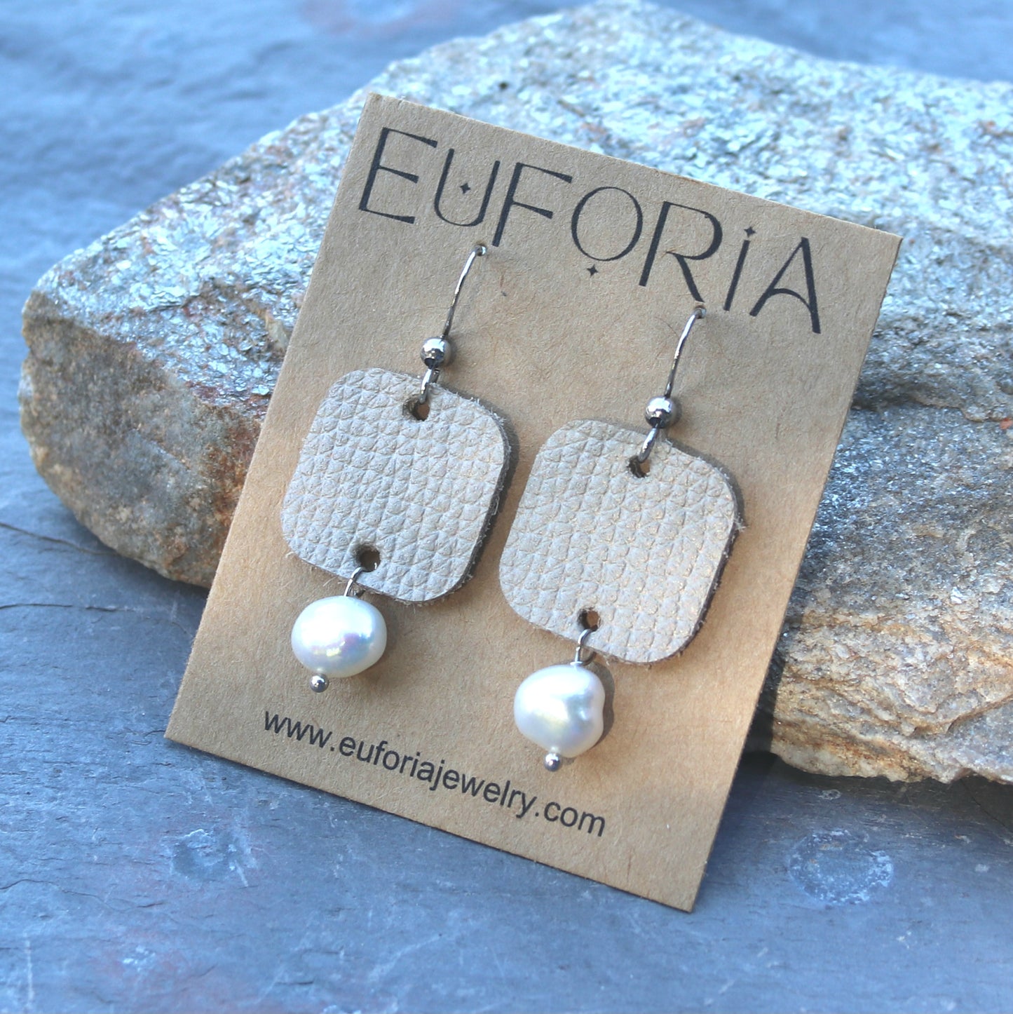 Champagne metallic square leather with 8mm white freshwater pearl dangle earrings