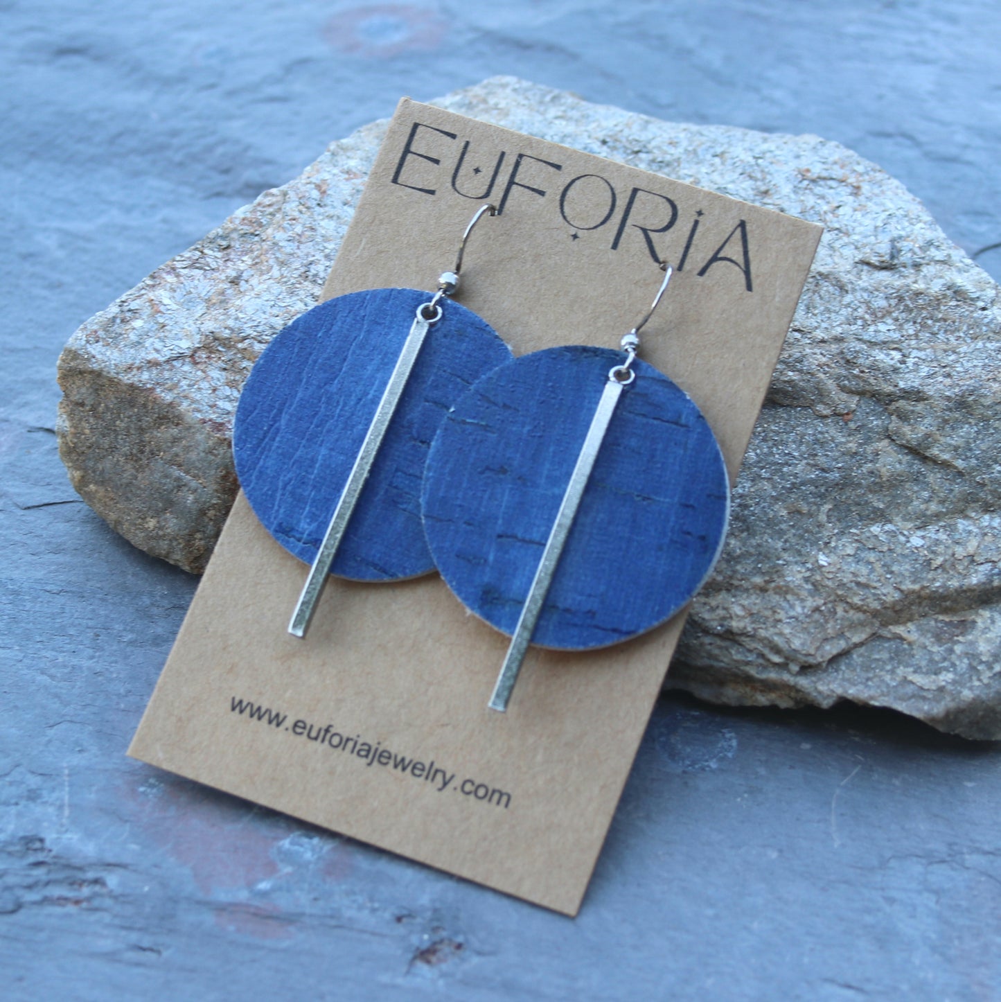 Large Circle Cork & Leather Earrings - Denim Blue