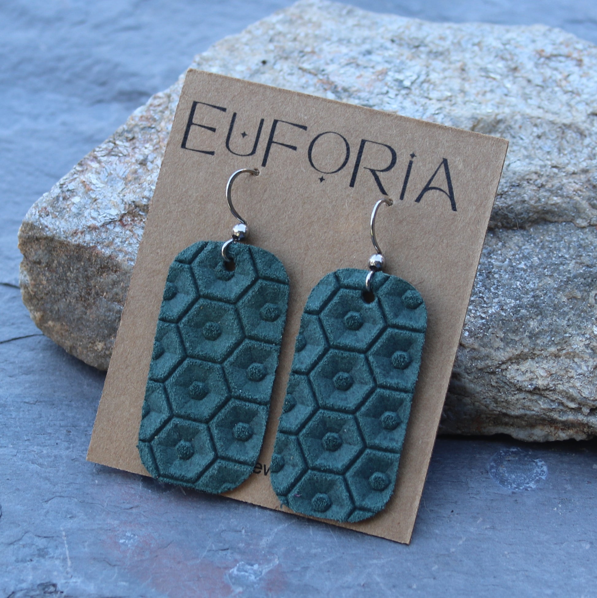 Spruce green beehive embossed pattern small barrel leather earrings. Stainless ear wire, total length 2"
