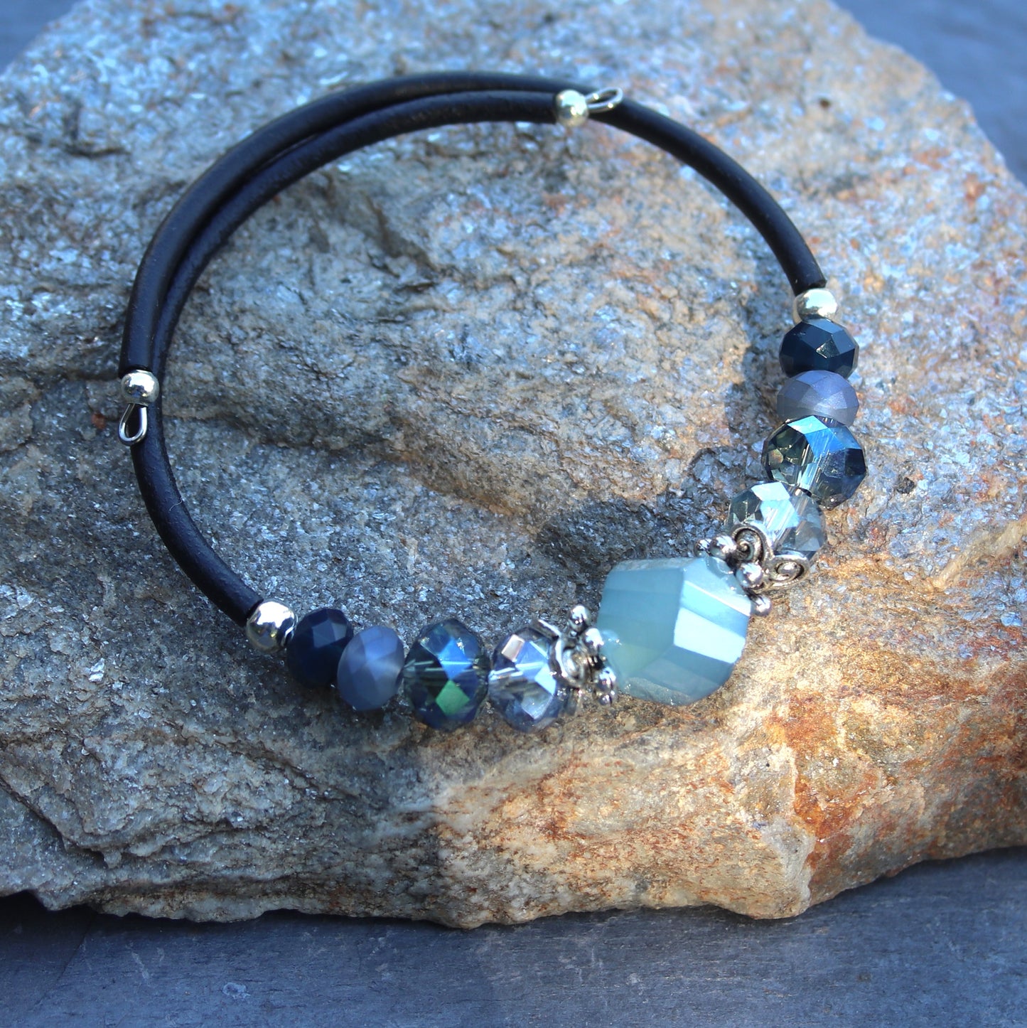 Mixed glass beads in shades of denim blue wrap bracelet