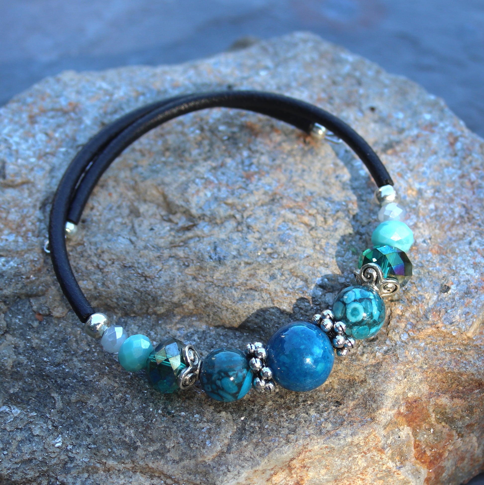 Teal riverstone and mixed blue beads wrap bracelet