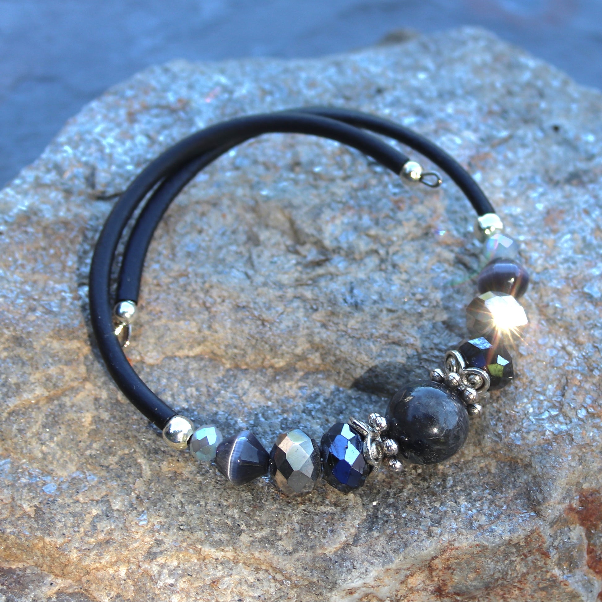 larvikite and mix beads wrap bracelet