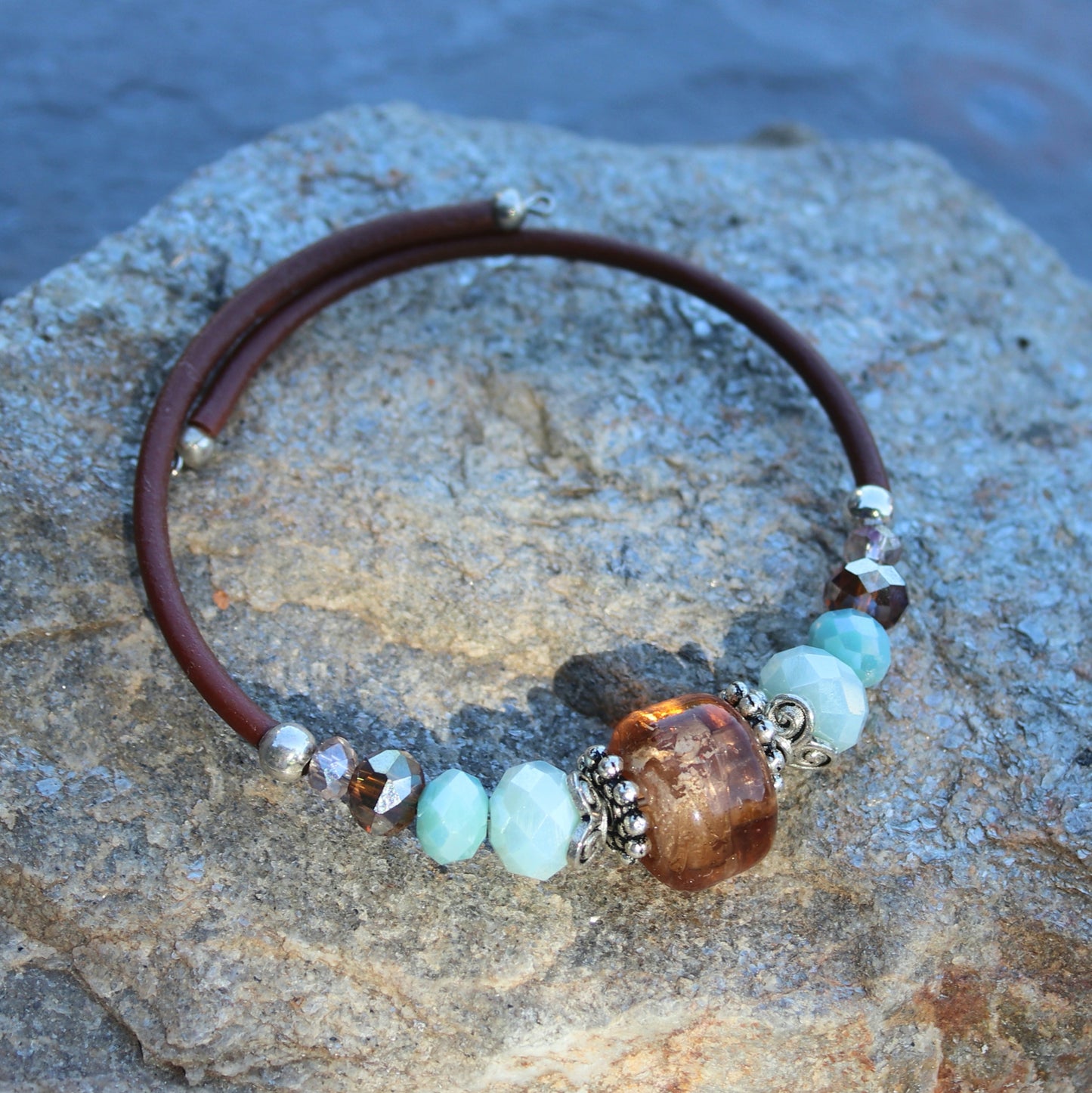 Rose gold foil glass and mixed seafoam beads wrap bracelet