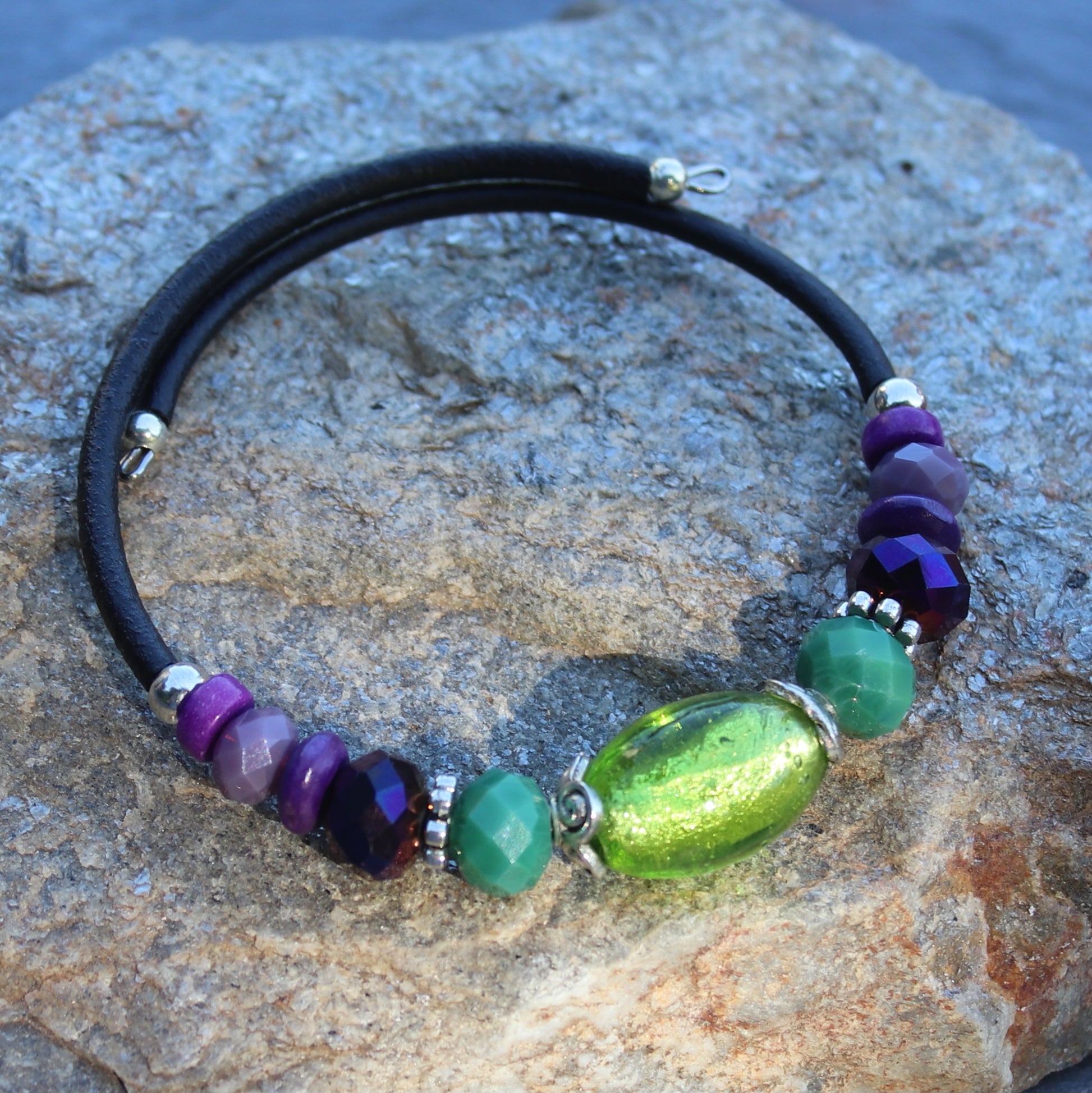 Wrap Bracelet - bright green glass over foil center bead with mix green and purple beads