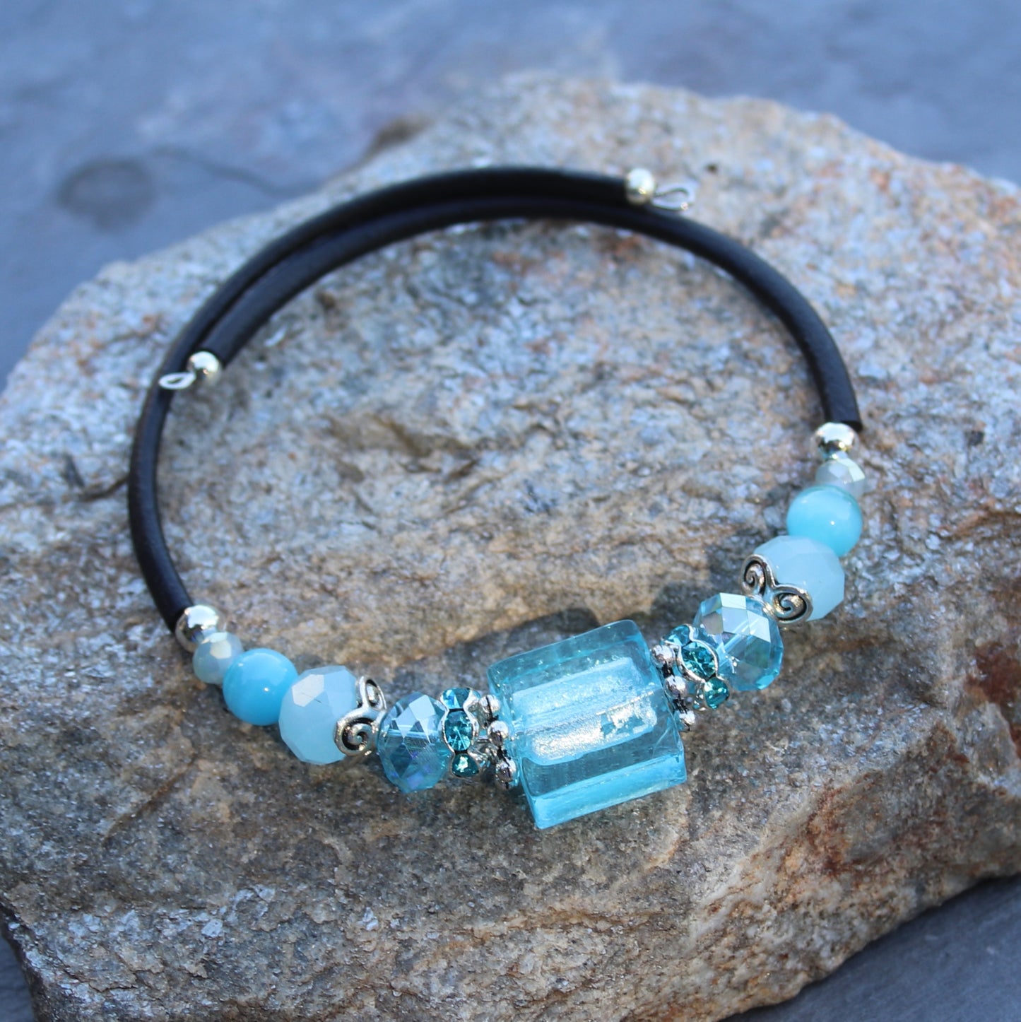 Wrap Bracelet - Aqua colored glass beads