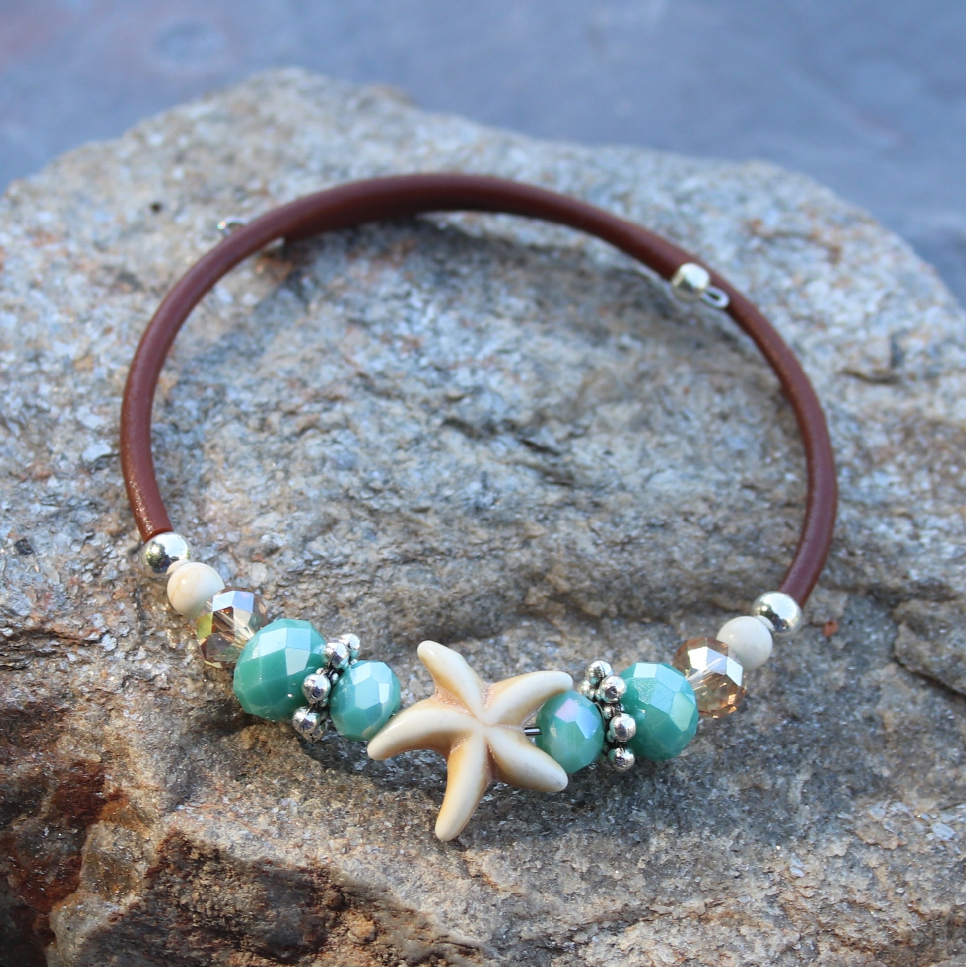Wrap Bracelet - Bone color resin starfish bead with mix aqua and sandy colored beads