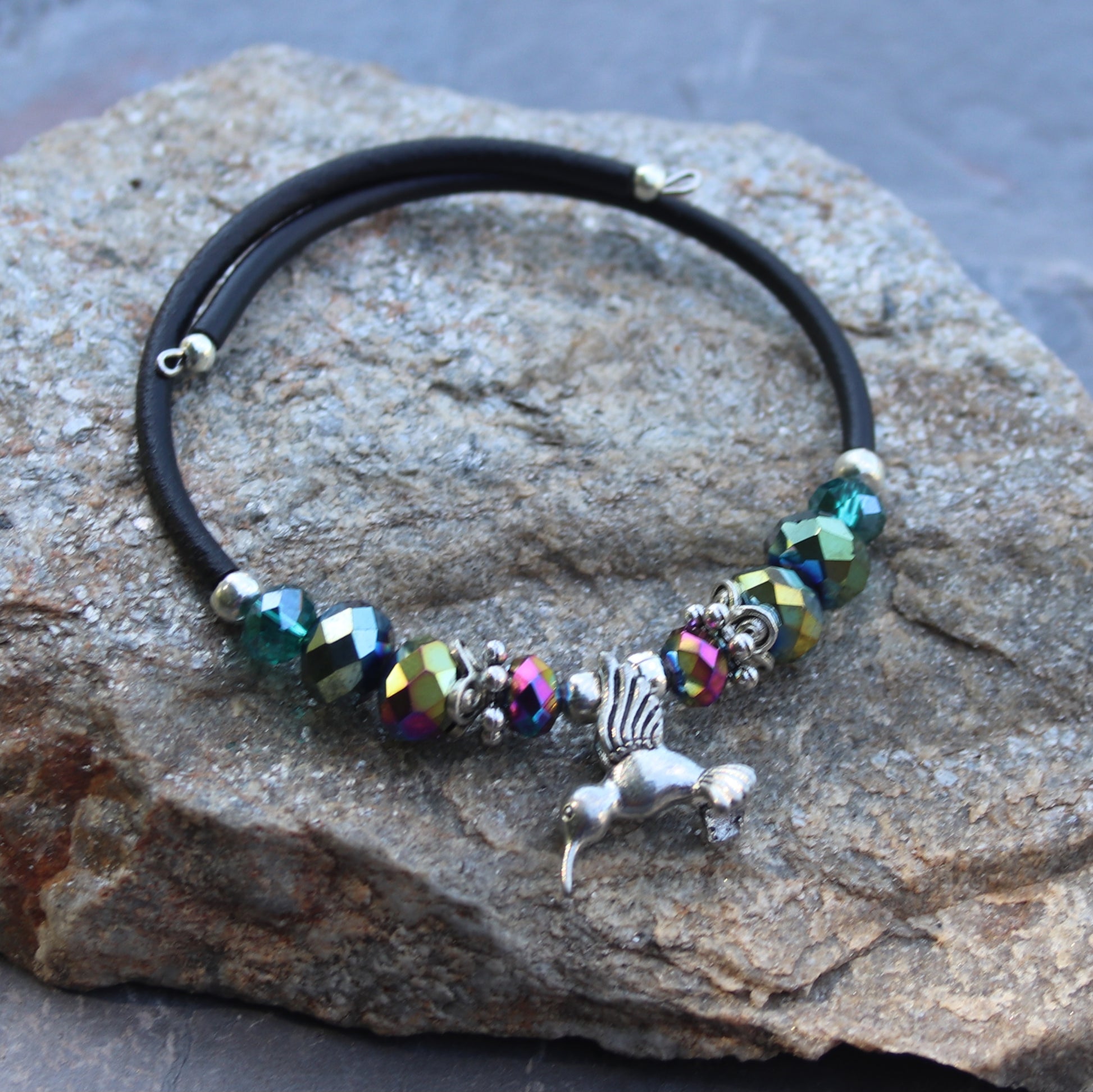 Hummingbird charm and multi-colored plated glass beads wrap bracelet