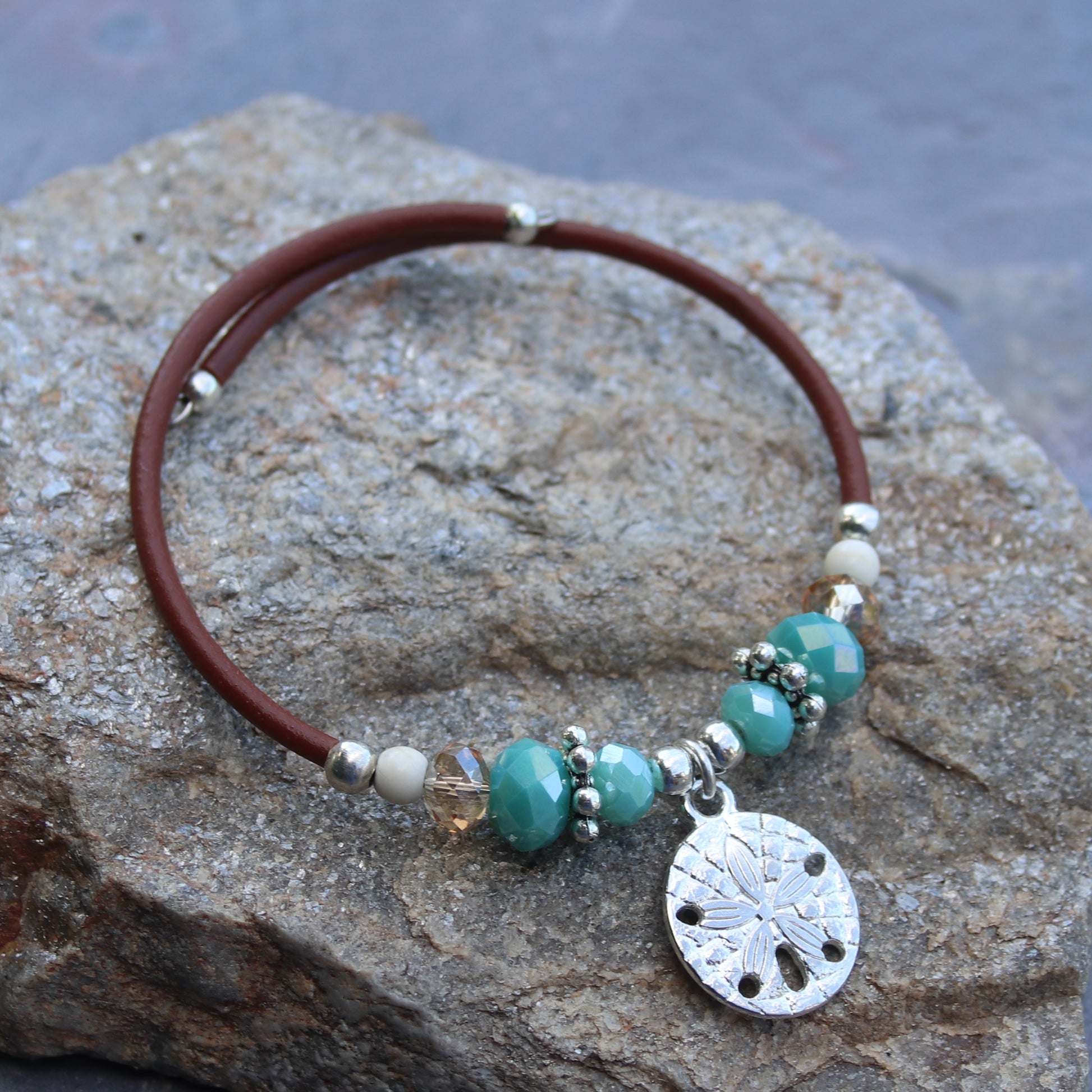 Wrap Bracelet - sand dollar pewter charm with mix aqua and sandy colored beads