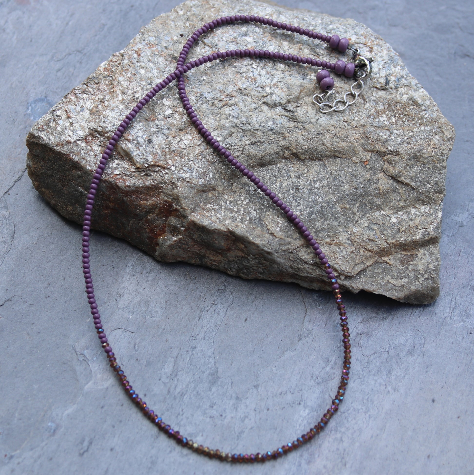 Amethyst micro crystals and seed bead adjustable choker necklace