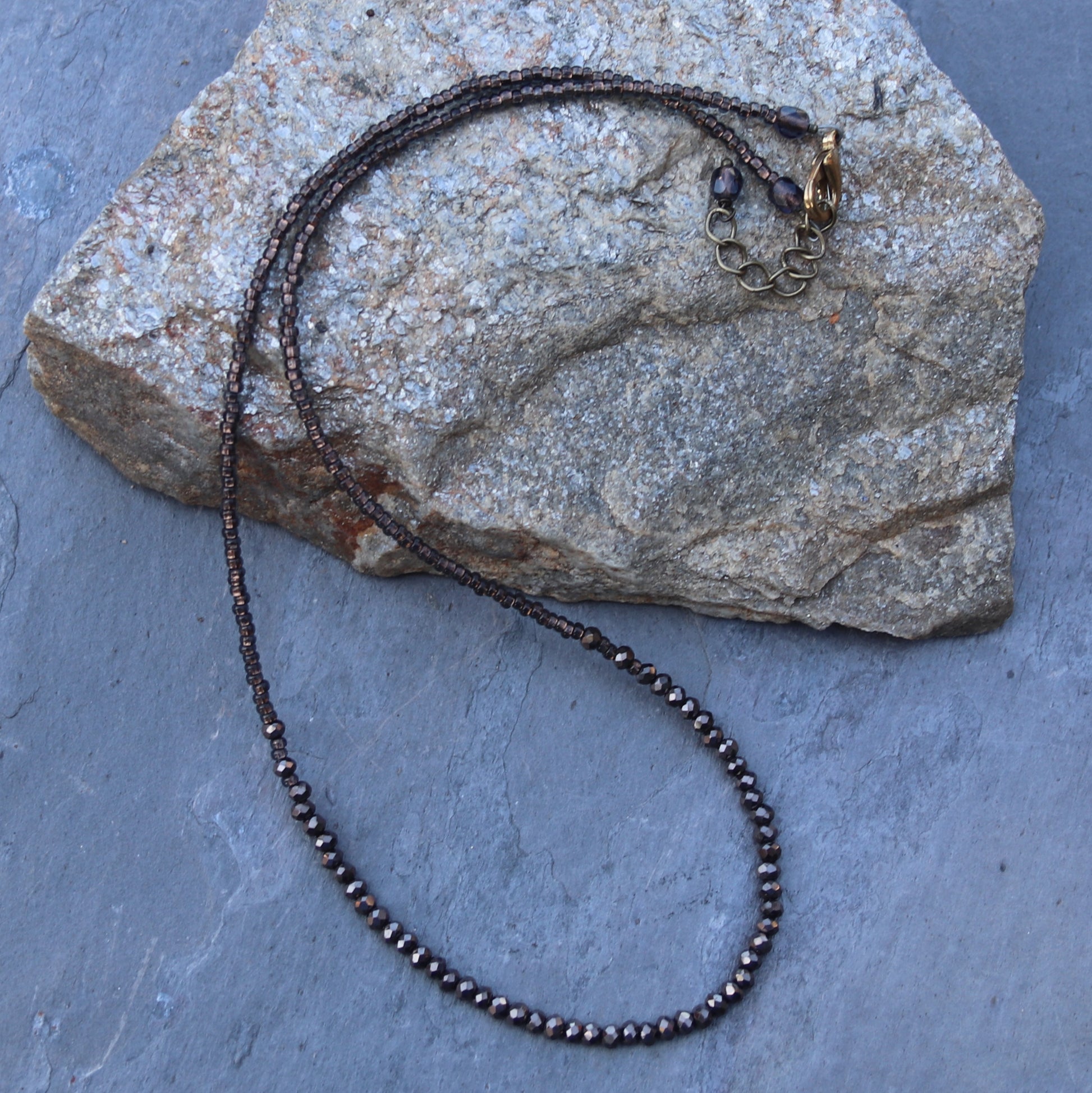 Espresso brown micro faceted glass crystals and Czech seed beads adjustable choker necklace.