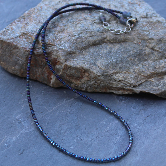 Matte blue iris Czech seed beads and blue micro faceted glass crystal adjustable choker necklace
