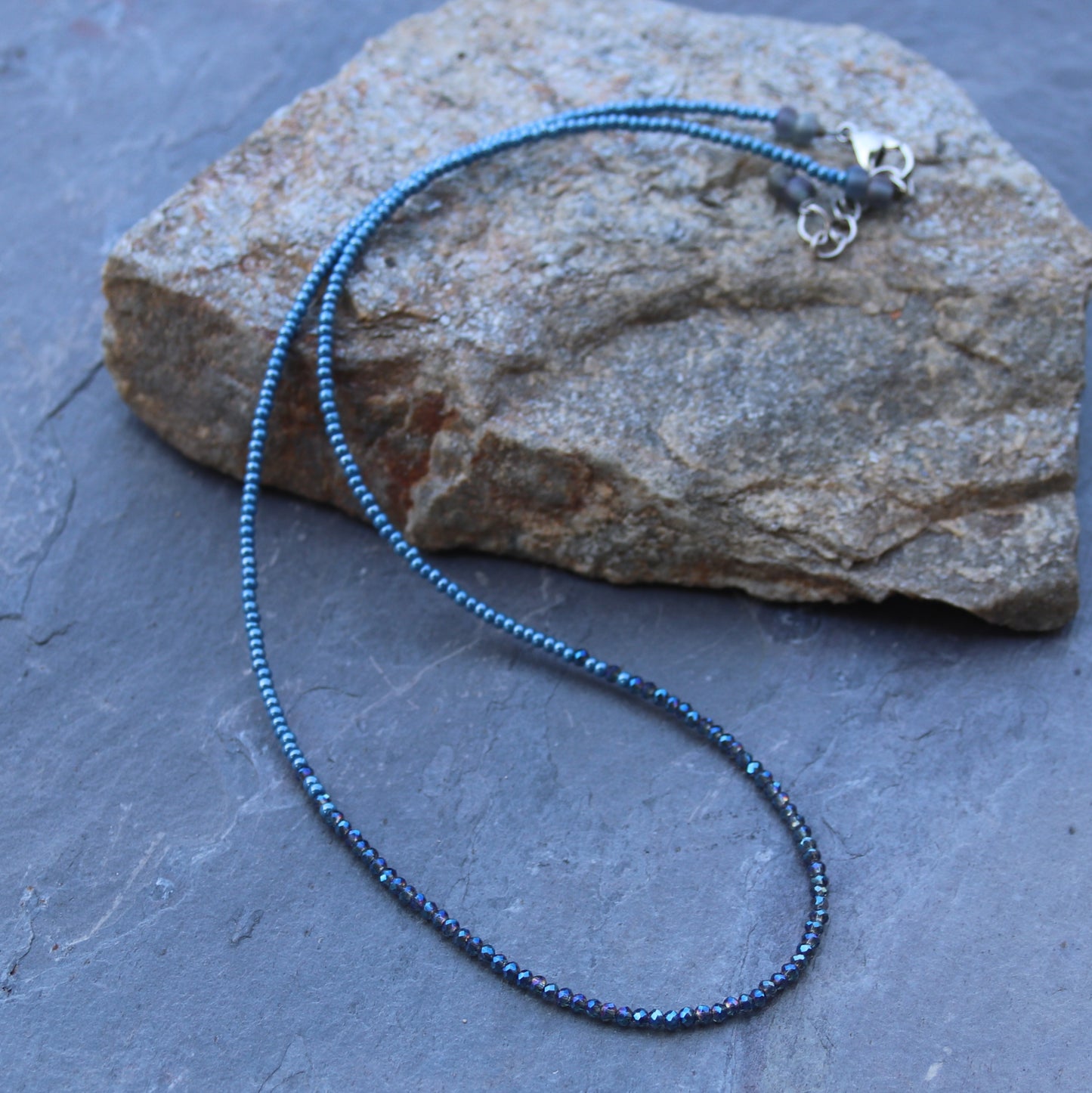 True blue luster Czech seeds beads and micro faceted glass crystals adjustable choker necklace
