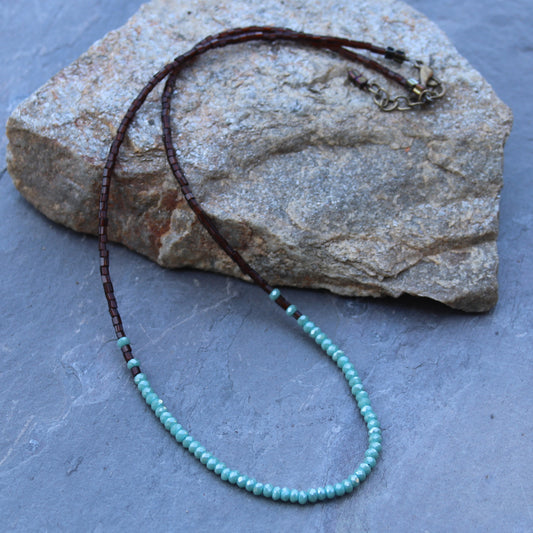 Dark brown 2-cut Czech glass beads and turquoise color micro faceted glass crystals adjustable choker necklace