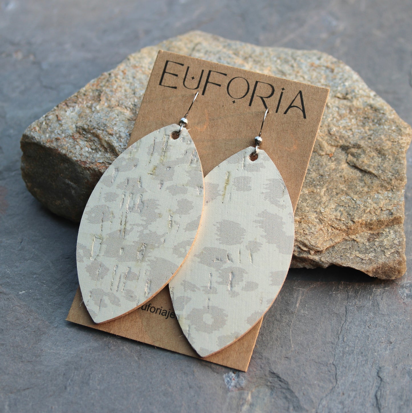 Large Marquis Cork & Leather Earring - Cream Leopard
