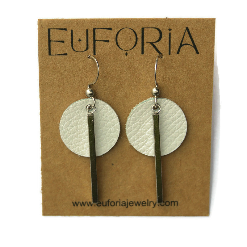 Small Circle & Bar Leather Earrings - Bright White