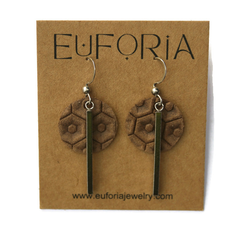 Small Circle & Bar Leather Earrings - Light Brown Beehive