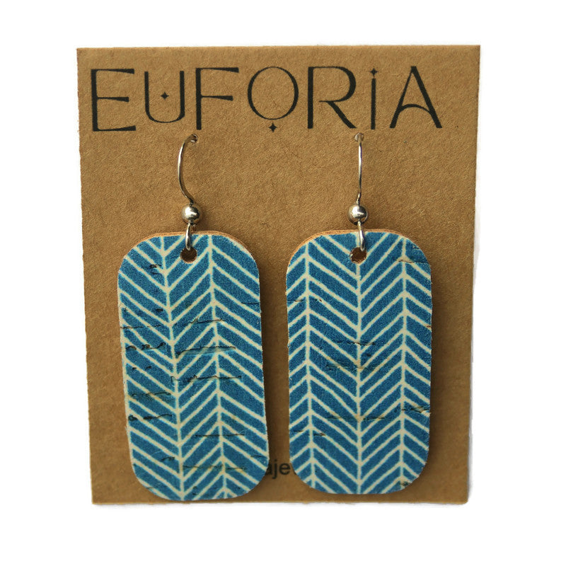 Small Barrel Cork & Leather Earrings - Blue and White Rustic Chevrons