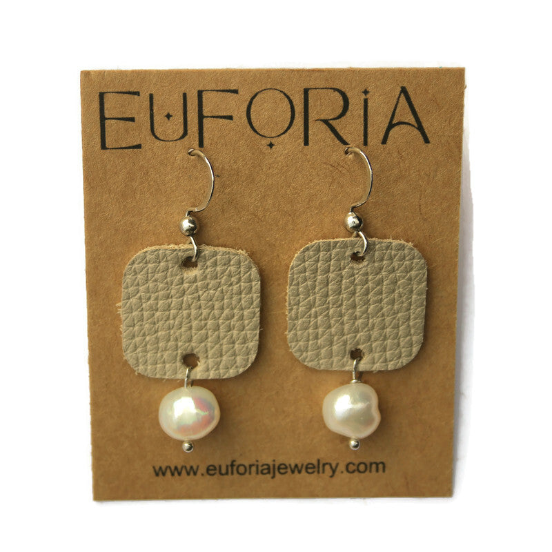 Square Leather Earrings - Champagne Metallic & Freshwater Pearls