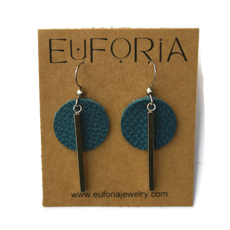 Small Circle & Bar Leather Earrings - Marine Blue