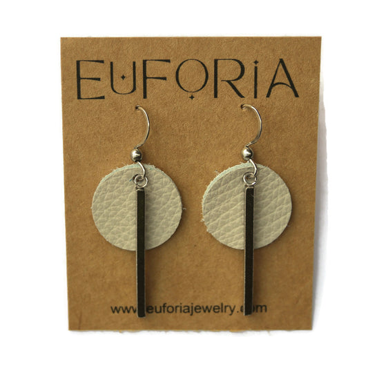 Small Circle & Bar Leather Earrings - Cream