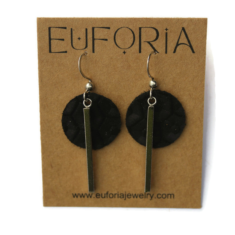 Small Circle & Bar Leather Earrings - Black