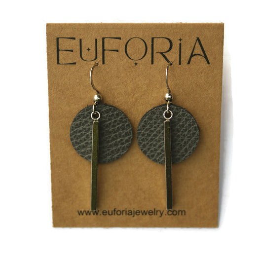 Small Circle & Bar Leather Earrings - Dark Gray