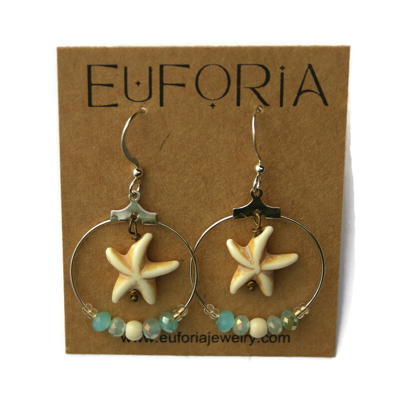 Dangle Earrings - bone colored resin starfish bead dangle inside a stainless steel beaded hoop