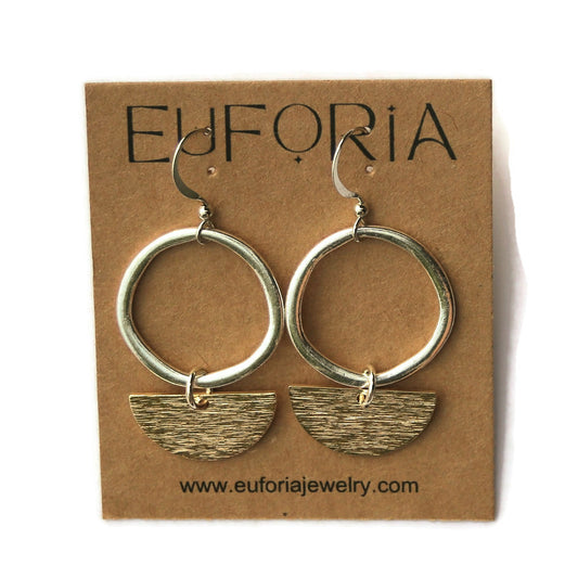 Organic Open Silver Circles & Brass Half Circle Dangle Earrings