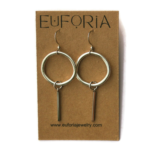 Organic Open Silver Circle & Bar Dangle Earrings