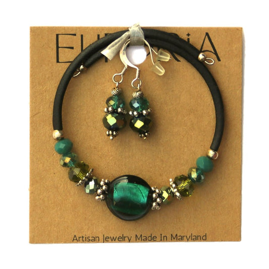 Wrap Bracelet & Earring Set - Emerald Green Silver Foil Glass