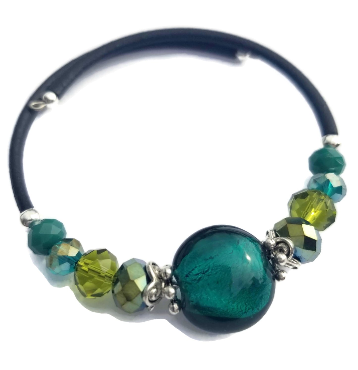 Wrap Bracelet & Earring Set - Emerald Green Silver Foil Glass